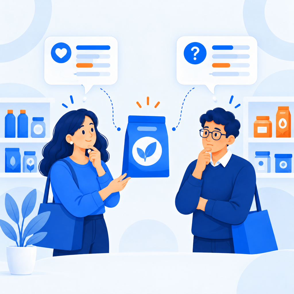 Mesma embalagem azul vista por dois compradores de lugares diferentes, cada um com uma reação distinta diante da prateleira